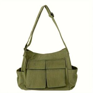 NWT Vadoo, Large Olive Green Shoulder Canvas Bag with zipper top. Side pockets